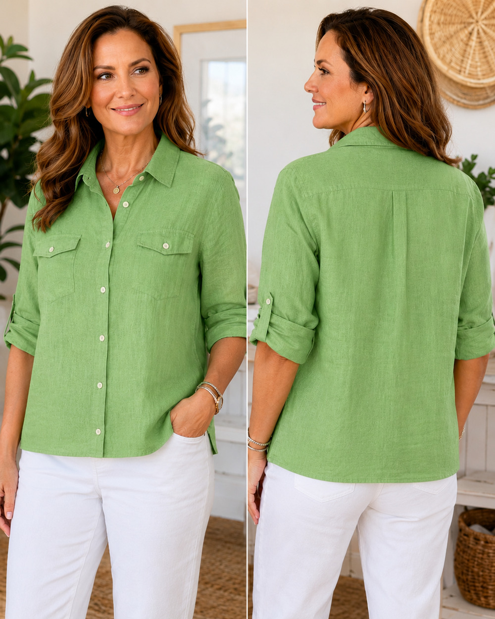 Liz Claiborne 100% Linen Green Roll Tab Shirt XL